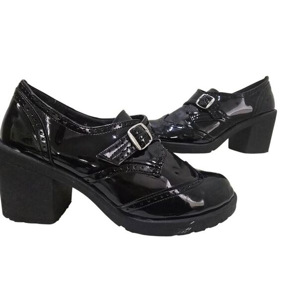 CAMILA Women's Loafers Chunky Heels Black Academia Wednesday 90s Stylish Size 8 - Picture 1 of 8